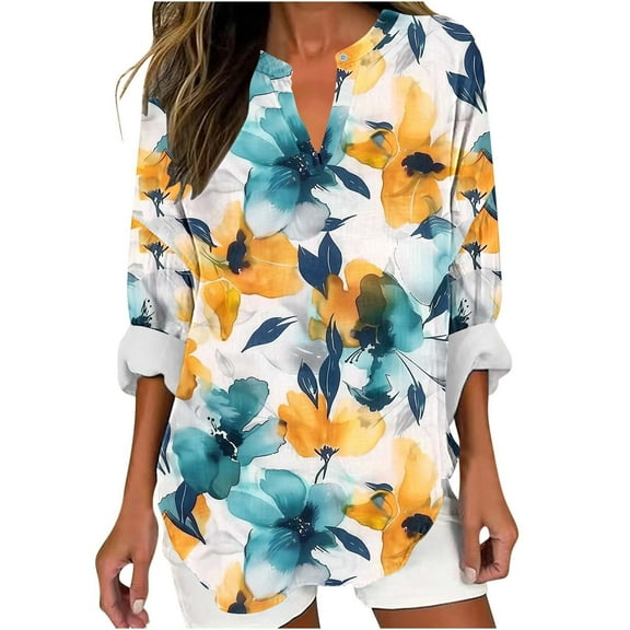 YUGYXL Women Boho Long Sleeve Shirts Plus Size Top Dressy Casual V Neck T Shirts Vintage Graphic Tunic Tees Loose Fit Blouse Shirts Multicolor XXXXL