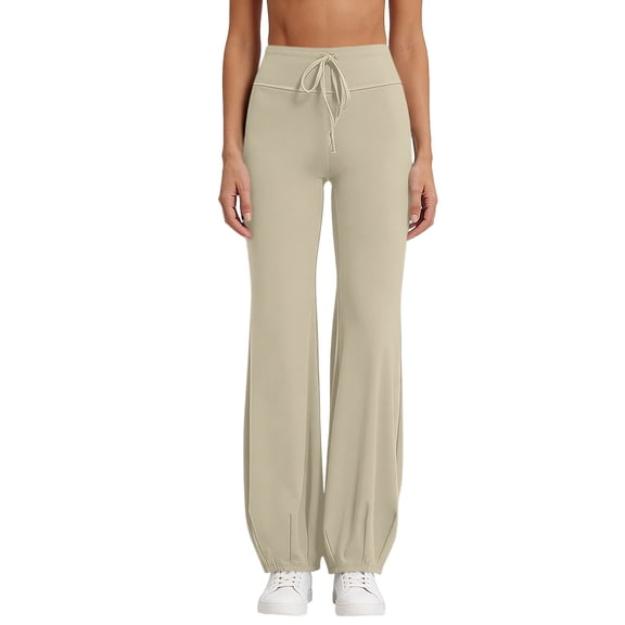YUGYXL Women Bubble Yoga Pants Drawstring Fold Over Wide Leg Leggings Casual Lounge Pant Beige Pants S