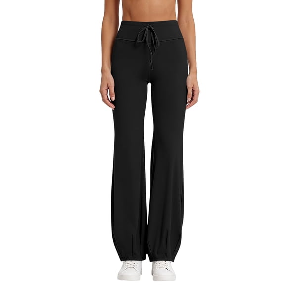 YUGYXL Women Bubble Yoga Pants Drawstring Fold Over Wide Leg Leggings Casual Lounge Pant Black Pants L