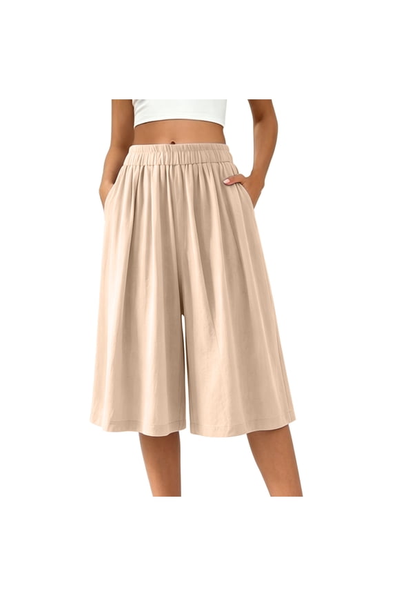 Women Capri Pants Wide Leg Casual Flowy Culottes Summer Lounge Beach Pants with Pockets Khaki Pants L