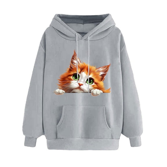 YUGYXL Women Classic Hooded Pullover Trendy Cute Graphic Long Sleeve Sweatshirt Holiday Hoodies with Pocket Gray S