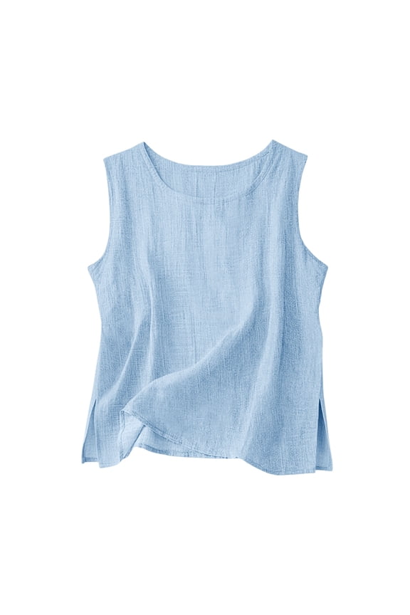 Women Cotton Linen Tank Tops Loose Causal Sleeveless Summer Shirts Crew Neck Gauze Crewneck Camisole Sky Blue