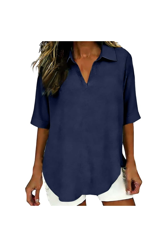 Women Cotton Linen Tops Casual Summer Short Sleeve Oversized T Shirts Collared V Neck Loose Blouses with Curved Hem Navy XXL