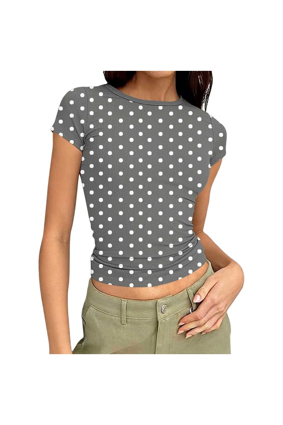 Women Cute Polka Dot Short Sleeve Crop Tshirt Y21K Aesthetic Teen Round Neck Slim Tee Shirt Going Out Tops Gray S