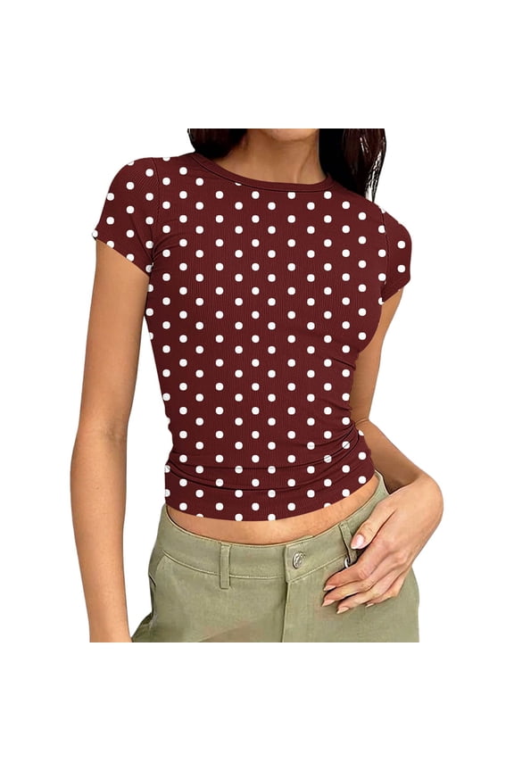 Women Cute Polka Dot Short Sleeve Crop Tshirt Y48K Aesthetic Teen Round Neck Slim Tee Shirt Going Out Tops Wine L