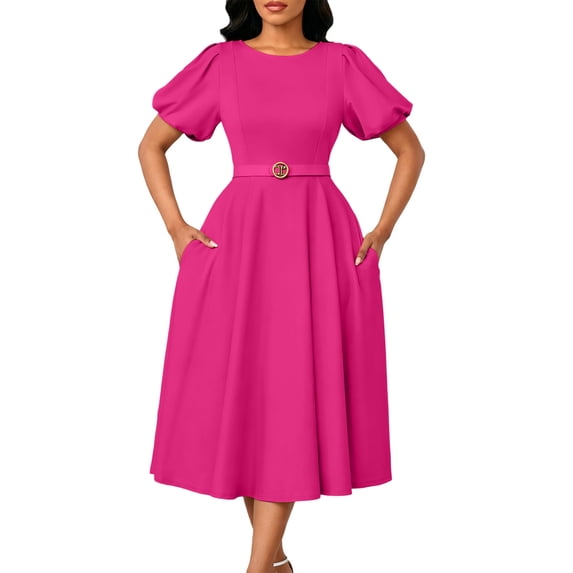 YUGYXL Women Elegant High-Waisted Solid Color Round Neck Dress with Puff Sleeves Belt Set Vintage Dress Casual Outfit Hot Pink Dresses M
