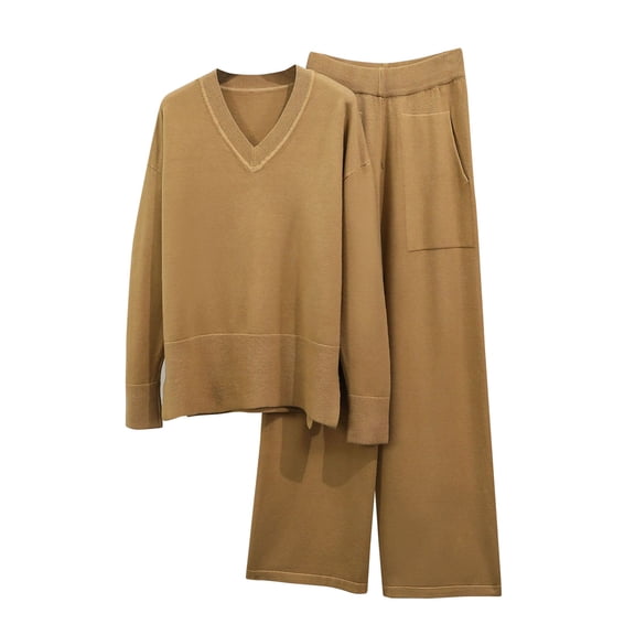 YUGYXL Women Loose Solid Suits V-Neck Pullover Knit Sweaters Tops Wide Leg Pants Two Piece Outfits Gold M