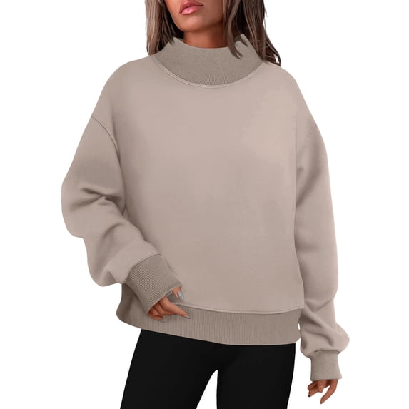 YUGYXL Women Mock Neck Sweatshirt Casual Fleece Oversized Sweatshirt Winter Long Sleeve Cozy Crewneck Sweatshirts Khaki Sweatshirt M