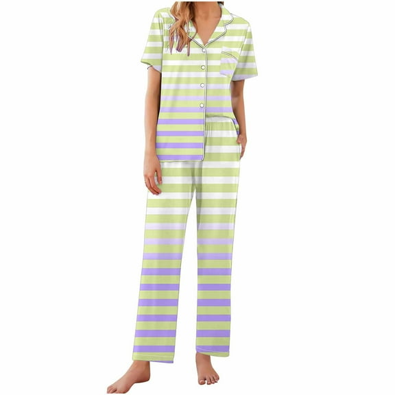 YUGYXL Women Pajamas Set Notch Collar Soft Sleepwear Pjs Short Sleeve Button Down Nightwear with Long Pants Green M