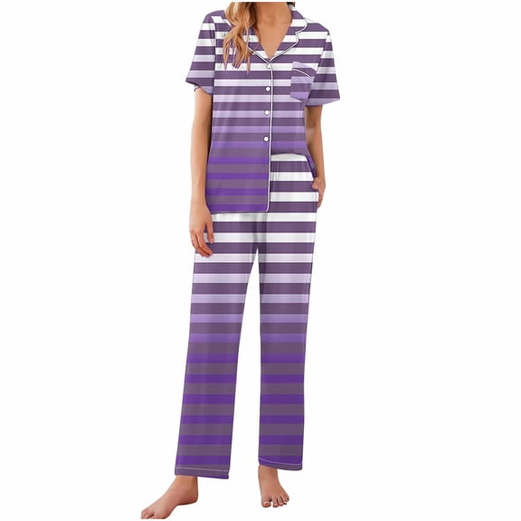 YUGYXL Women Pajamas Set Notch Collar Soft Sleepwear Pjs Short Sleeve Button Down Nightwear with Long Pants Purple S