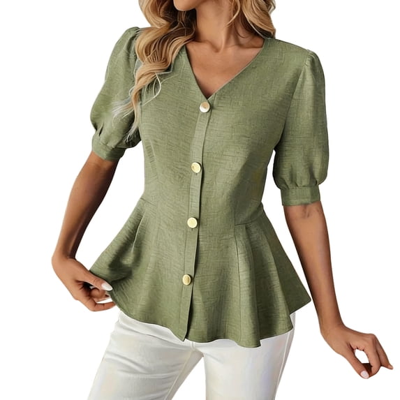 YUGYXL Women Peplum Hem Blouse Half-Sleeve Puff Sleeve V-Neck Button Front Casual Top Trendy Solid Color Office Work Shirt Green L