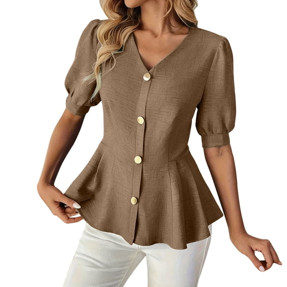 YUGYXL Women Peplum Hem Blouse Half-Sleeve Puff Sleeve V-Neck Button Front Casual Top Trendy Solid Color Office Work Shirt Khaki XL