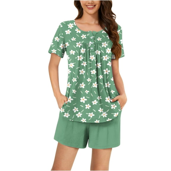 YUGYXL Women Pjs Sets 2 Piece Lightweight Summer Pajama Set Lounge Sleepwear Henley Neck Short Sleeve Tops with Shorts G Multicolor M