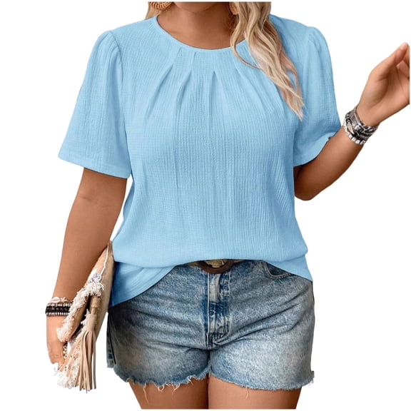 YUGYXL Women Plus Size Tops Dressy Casual Pleated Front Business Work Blouses Short Sleeve Crew Neck Spring Shirts Sky Blue XXXXXL