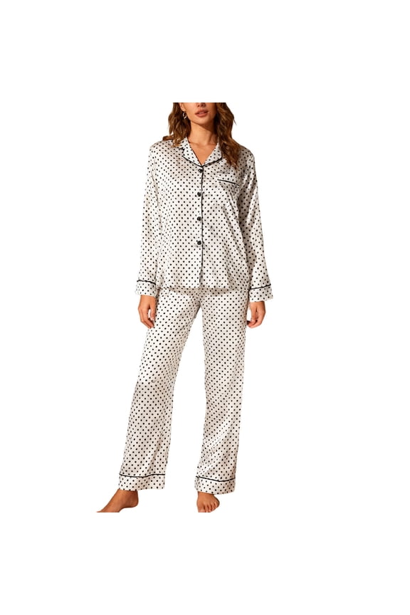 Women Polka Dot Pajamas Set Silk Satin Long Sleeve Shirts Pants 2 Piece Pj Sets Sleepwear Loungewear White S