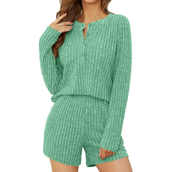 YUGYXL Women Ribbed 2 Piece Set Henley Crew Neck Button Up Shirt Top Knit Lounge Workout Shorts Sets Travel Tracksuit Outfits Green L