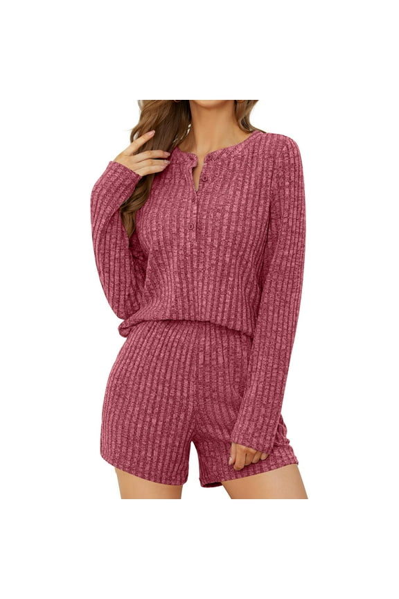 Women Ribbed 2 Piece Set Henley Crew Neck Button Up Shirt Top Knit Lounge Workout Shorts Sets Travel Tracksuit Outfits Wine M
