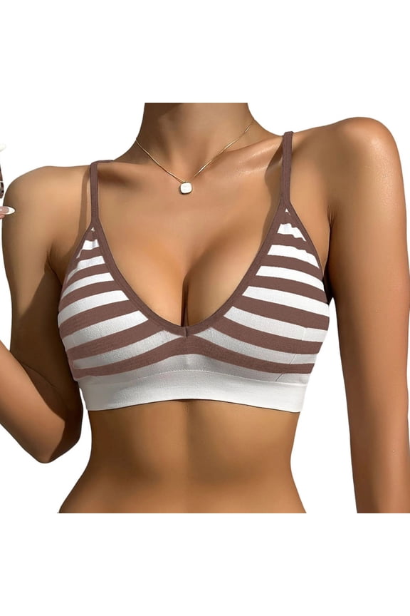 Women Seamless Bra Wireless Striped Spaghetti Strap Push Up Everyday Bras Comfortable Full Coverage Tshirt Bralette Brown XL
