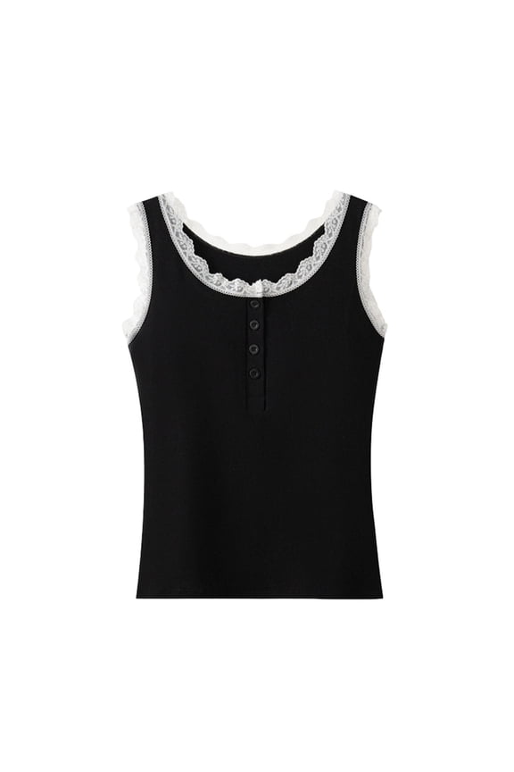 Women Sleeveless Button Up Lace Trim Crop Tank Tops Fitted Scoop Neck Pointelle Henley Y2k Cami Cute Summer Outfits BlackL