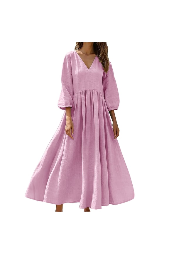 Women Solid Cotton Linen Long Maxi Dress Summer 3/4 Sleeve Caftan Loose Fit Flowy Empire Waist Vacation Beach Dresses Pink M