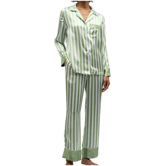 YUGYXL Women Striped 2 Piece Pajama Set Long Sleeve Button Down Shirt Xmas Pants Pj Sets Christmas Holiday Sleepwear Green L