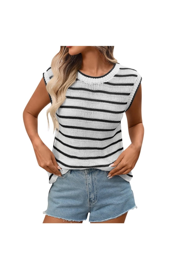 Women Striped Knit Sweater Tank Tops Sleeveless Crewneck Summer Lightweight Shirts Casual Comfy Beach Tees Black S