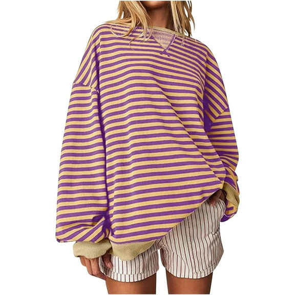 YUGYXL Womens Casual Striped Tops Long Sleeve Shirts Crewneck Oversized Sweatshirts Trendy Fall Clothes Purple L