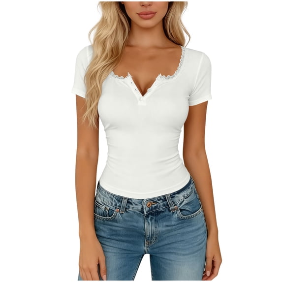 YUGYXL Women Summer Tops Lace Trim Ribbed Shirts Short Sleeve V Neck Tops Button Up Slim Fit Tee Casual Going Out Outfits White Top XXL