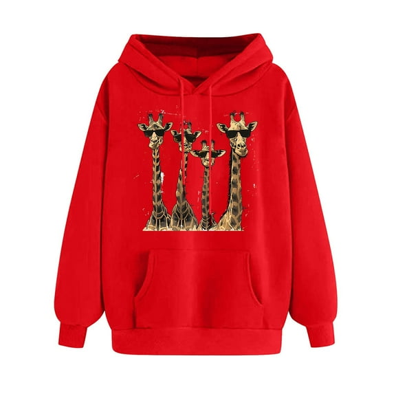 YUGYXL Women Sweatshirt Cute Giraffe Print Pullover Hoodie Long Sleeve Tops Pullover Y34K Crewneck Sweatshirt Red XXL