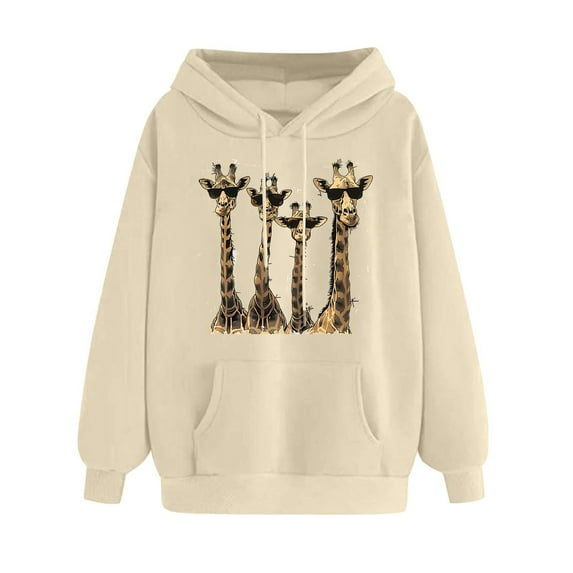 YUGYXL Women Sweatshirt Cute Giraffe Print Pullover Hoodie Long Sleeve Tops Pullover Y4K Crewneck Sweatshirt Beige XXL