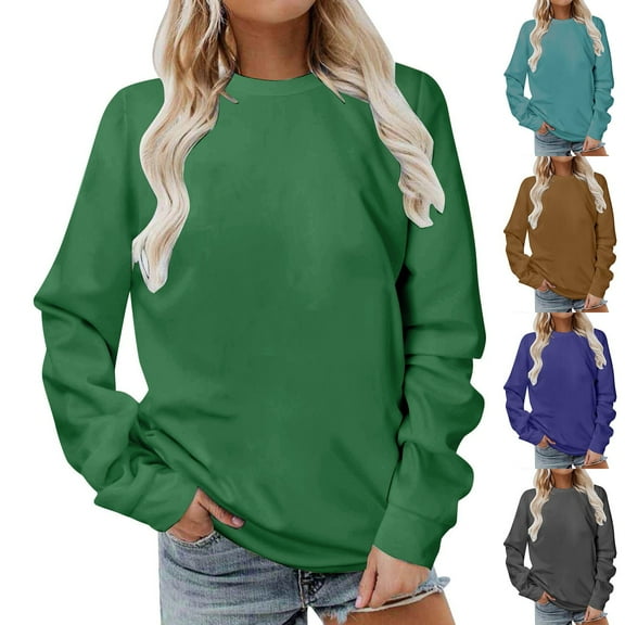 YUGYXL Women Sweatshirts Trendy Thin Fleece Solid Color Blouse Fall Plus Size Crewneck Pullover Tops Army Green,L