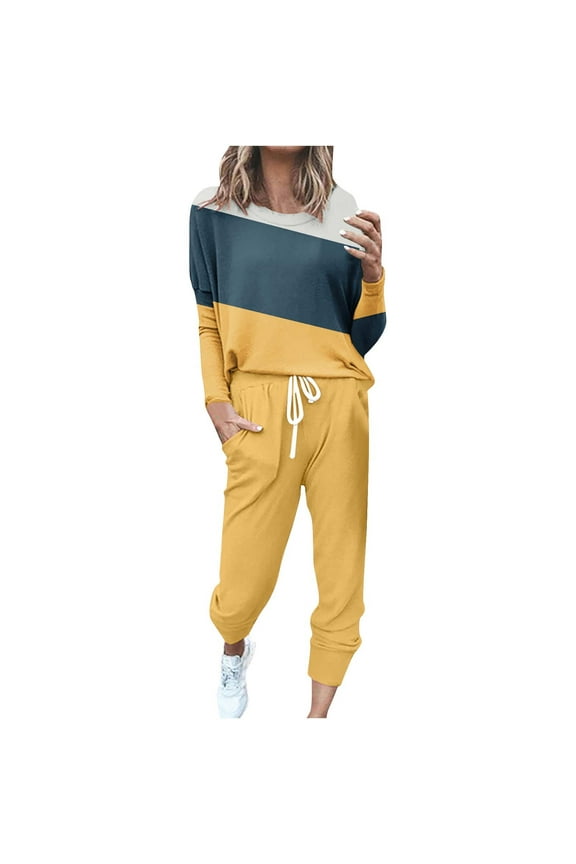 Women Tracksuits 2 Piece Set Lightweight Comfy Round Neck Sweatshirt Waist Stretch Sweatpants Solid Color Plus Size Sportwear Suit Gift for Wife