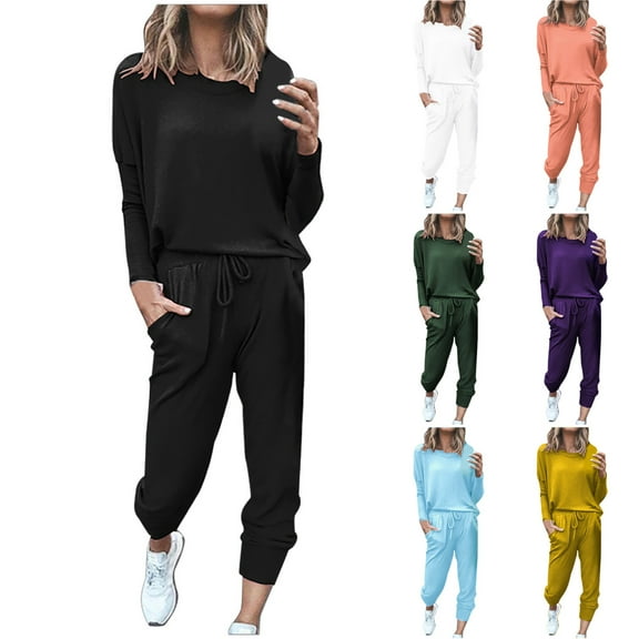 YUGYXL Women Tracksuits 2 Piece Set Lightweight Comfy Solid Color Sweatsuits Plus Size Crewneck Sweatshirt Match Stretch Sweatpants Fall Orange,XXXXL