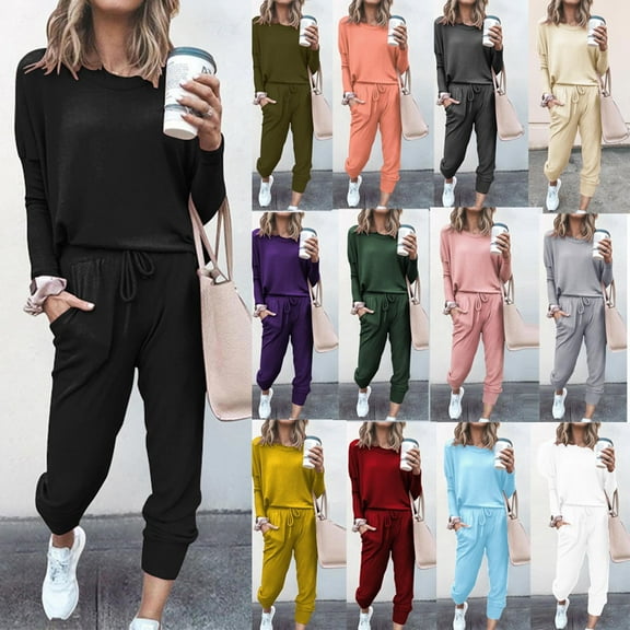 YUGYXL Women Tracksuits 2 Piece Set Lightweight Comfy Solid Color Sweatsuits Plus Size Crewneck Sweatshirt Match Stretch Sweatpants Gift for Daughter Dark Gray,S