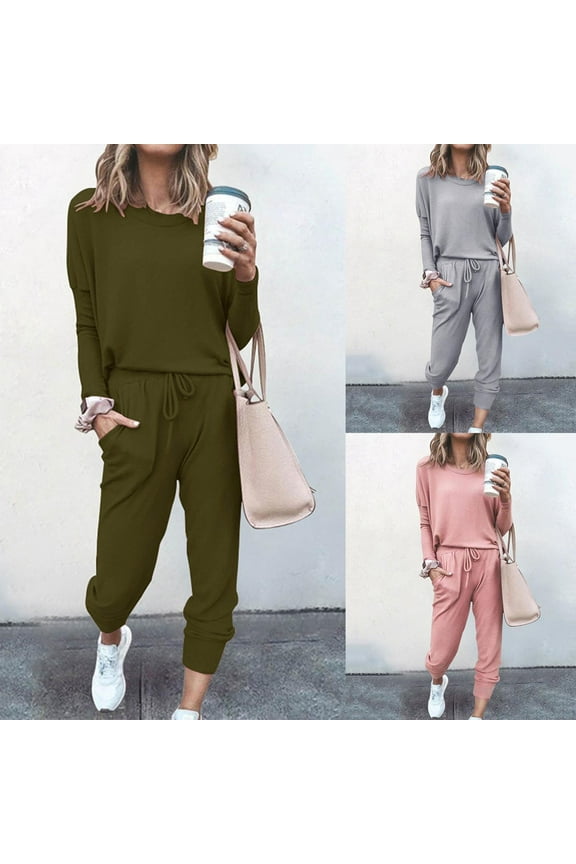 Women Tracksuits 2 Piece Set Lightweight Soft Round Neck Sweatshirt Waist Stretch Drawstring Sweatpants Solid Color Sportwear Suit Gray,XXL