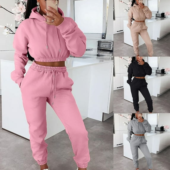 YUGYXL Women Tracksuits 2 Piece Set Solid Color Thin Fleece Sweatsuits Fashion Stretch Waist Cropped Hoodie Sweatshirt Match Drawstring Sweatpants Fall Gray,M