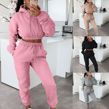 YUGYXL Women Tracksuits 2 Piece Set Solid Color Thin Fleece Sweatsuits Fashion Stretch Waist Cropped Hoodie Sweatshirt Match Drawstring Sweatpants Today Clearance Black,S