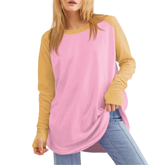 YUGYXL Women Tunics Tops Wear with Leggings Thumb Hole Long Sleeve Shirts Dressy Casual Crew Neck Tee Shirts Pink M