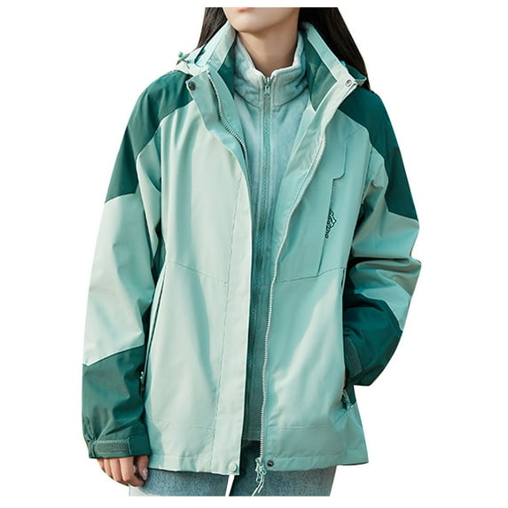 YUGYXL Women Windbreaker Jackets Plus Size Color Block 3-in-1 Outerwear with Hoodie Loose Outdoor Waterproof Coat Detachable Windproof Raincoat Prime Lightning Deals Today Mint Green,XXXXXL