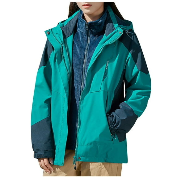 YUGYXL Women Windbreaker Jackets Plus Size Color Block 3-in-1 Outerwear with Hoodie Loose Outdoor Waterproof Coat Detachable Windproof Raincoat Prime Lightning Deals Today Green,L