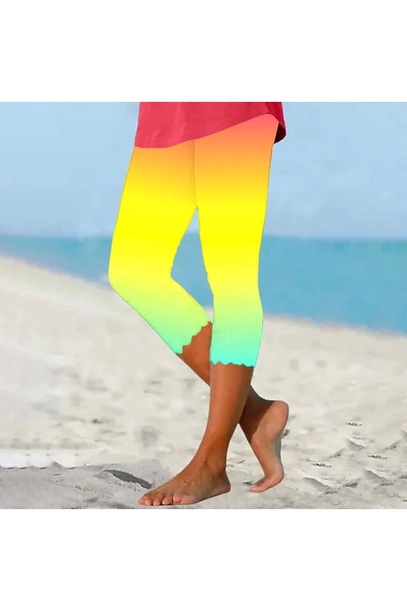 Women Yoga Leggings Gradient Color Casual Capri Pants Summer High Waisted Stretchy Cropped Pants Sexy Tummy Control Butt Lifting Leggings B Multicolor XL