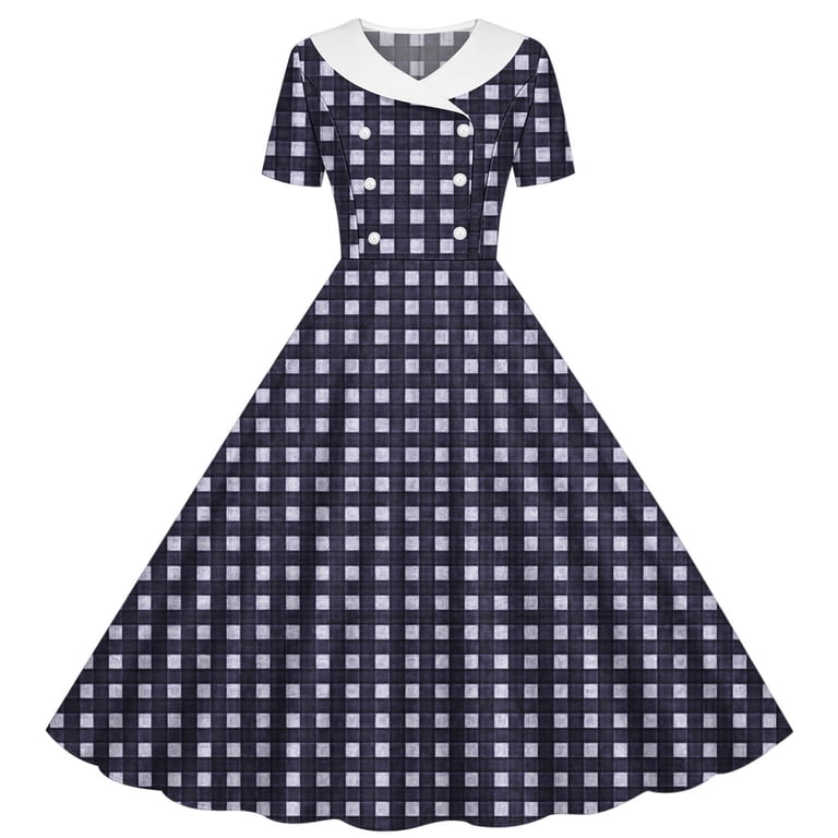 checkered prom dress YUGYXL Women's 1950s Retro Plaid Cocktail Dress Vintage Double Breasted  Short Sleeve Swing Wedding Guest Prom Dresses Hot Pink Dresses M