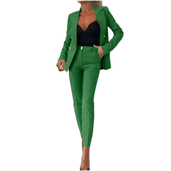 YUGYXL Women's 2 Piece Business Office Suit Long Sleeve Lapel Double-Breasted Blazer Jacket and Straight Leg Pants Dressy Set Green L