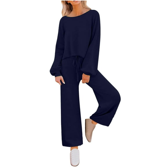 YUGYXL Women's 2 Piece Lounge Outfit Sweater Set Long Sleeve Crop Knit Top and Wide Leg Long Pants Sweatsuit Dark Blue S
