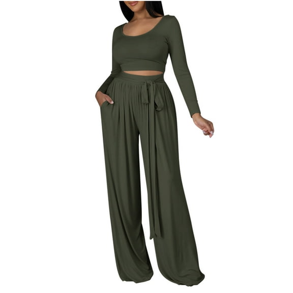 YUGYXL Women's 2 Piece Matching Lounge Set Long Sleeve Slightly Crop Top Wide Leg Pants Casual Sweatsuit Coffee M