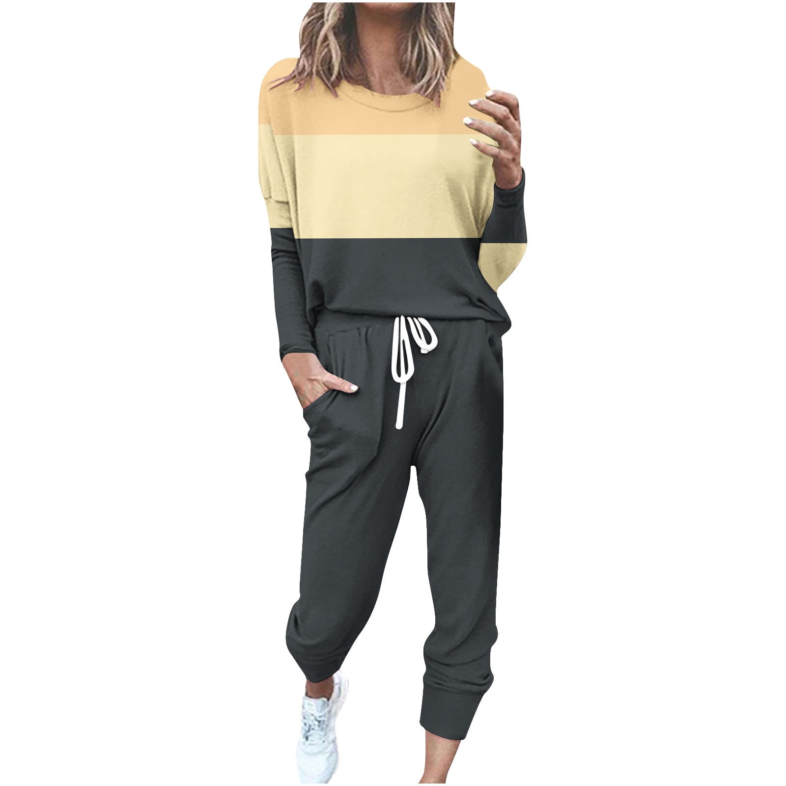 YUGYXL Women's 2 Piece Outfit Colorblock Lightweight Long Sleeve Tee Top and Jogger Pants Sets Casual Sweatsuit Tracksuit Dark Gray M
