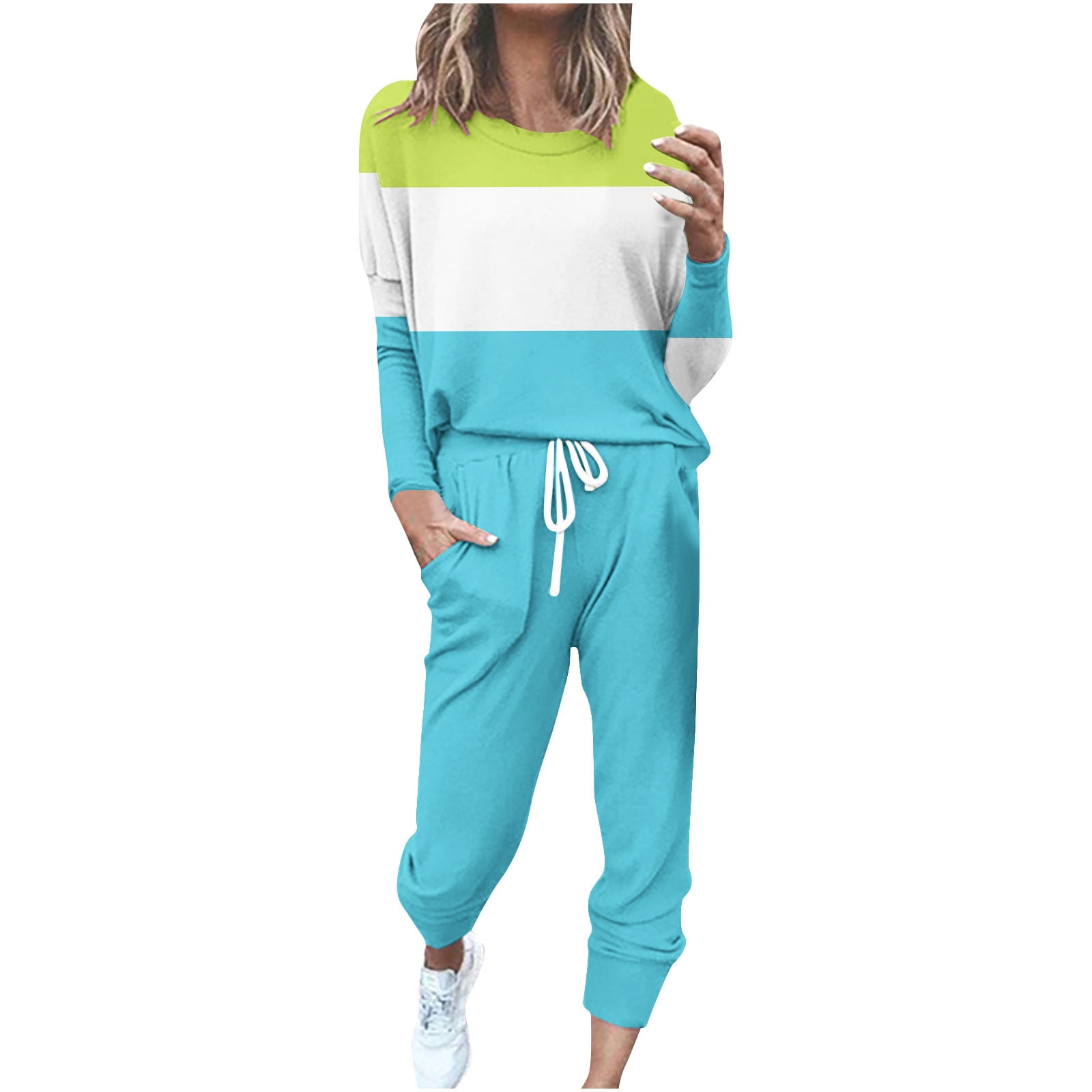 YUGYXL Women's 2 Piece Outfit Colorblock Lightweight Long Sleeve Tee Top and Jogger Pants Sets Casual Sweatsuit Tracksuit Light Blue S
