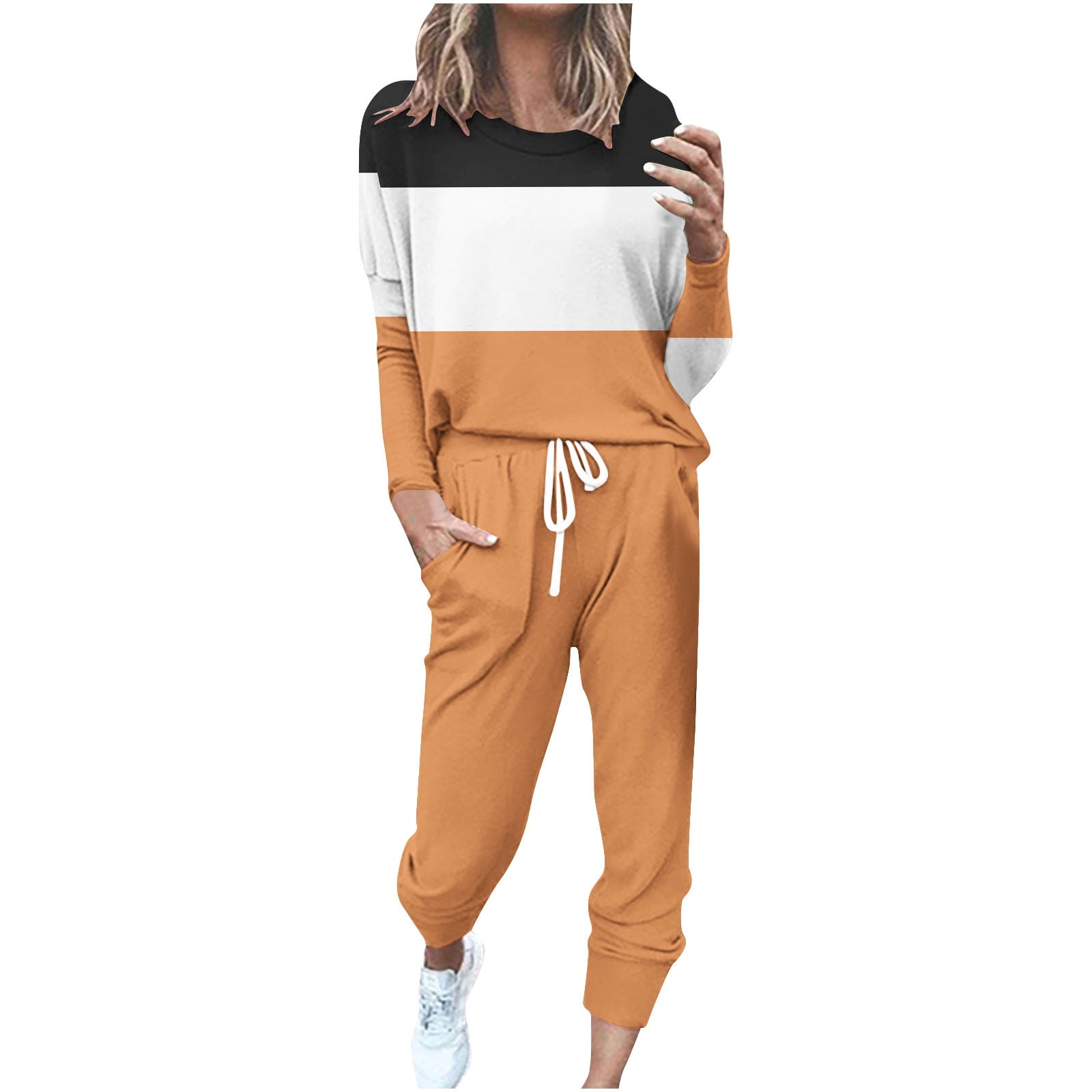 YUGYXL Women's 2 Piece Outfit Colorblock Lightweight Long Sleeve Tee Top and Jogger Pants Sets Casual Sweatsuit Tracksuit Orange XXXXL