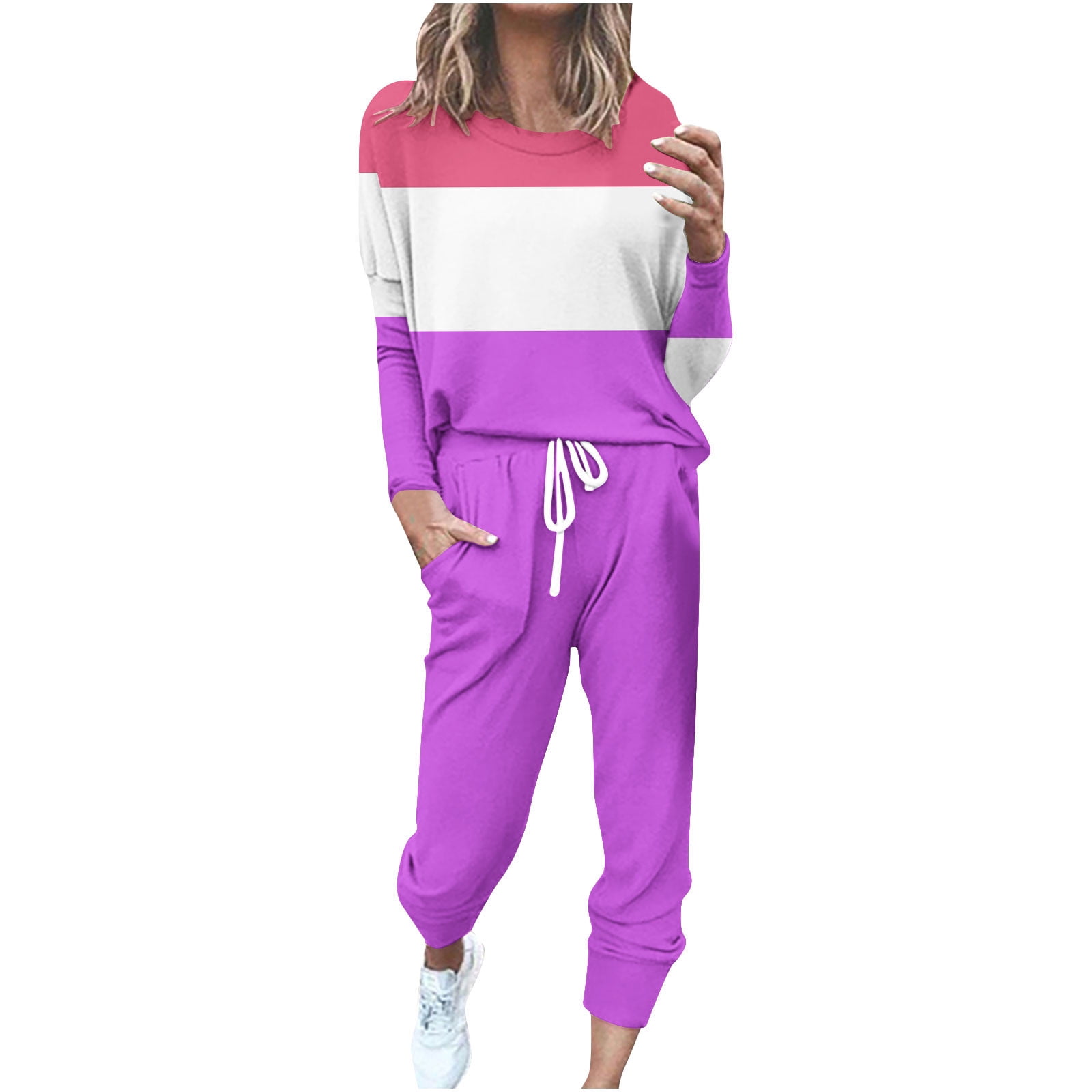 YUGYXL Women's 2 Piece Outfit Colorblock Lightweight Long Sleeve Tee Top and Jogger Pants Sets Casual Sweatsuit Tracksuit Purple XL