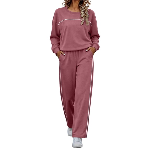 YUGYXL Women's 2 Piece Outfit Solid Color Lightweight Long Sleeve Tee Top and Wide Leg Pants Sets Casual Sweatsuit Tracksuit